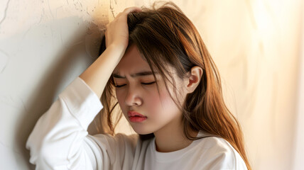 Fototapeta premium Dizzy Asian young woman with headache, leaning against the wall, showing discomfort and pain