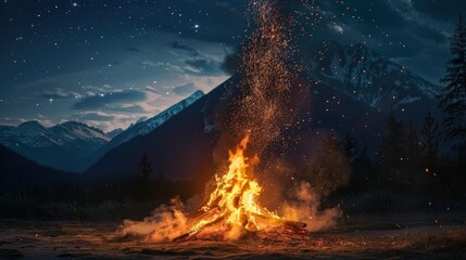Fototapeta premium Huge bonfire in mountains at night, beautiful high peaks in the background, summer solstice festival, sparks flying upwards, dark starry sky