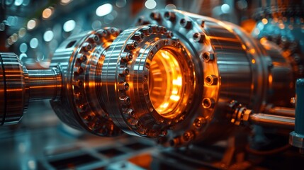Fototapeta premium This image captures a close-up view of futuristic industrial machinery, highlighting technology and precision