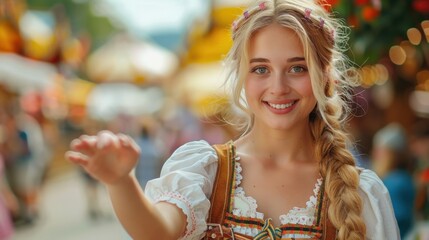 Fototapeta premium Lively Woman Inviting to Oktoberfest Parade