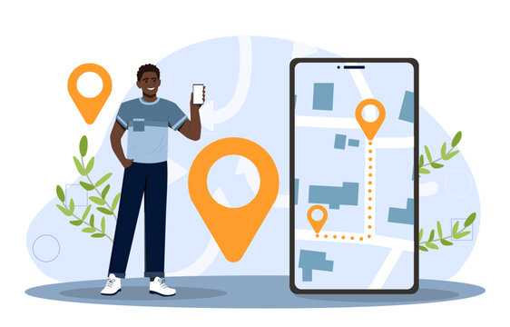 Man with route at map. Young guy with application for tourists. Navigation and geolocation, GPS. Tourist with global positioning system. Holiday and vacation. Cartoon flat vector illustration