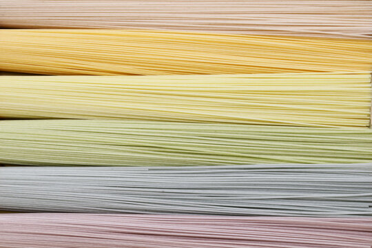 Japanese thin noodles made of wheat, called somen. 　Usually somen noodles are white, but this is a colored version.