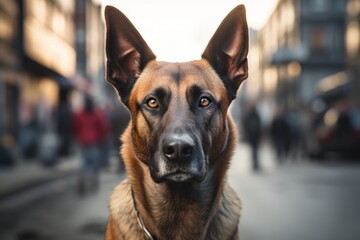 Portrait of a cute belgian malinois dog on busy urban street