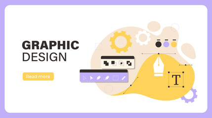 Obraz premium Graphic design poster. Creating UI and UX elements. Designer and freelancer services. Earning money on Internet. Landing webpage design. Cartoon flat vector illustration isolated on white background