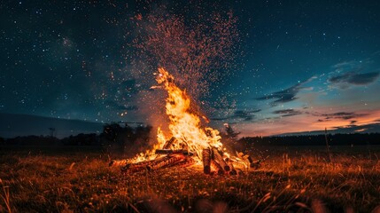Fototapeta premium Huge bonfire in the field at night, summer solstice festival, sparks flying upwards, starry sky