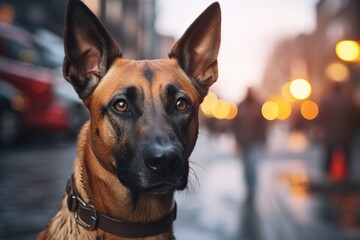 Portrait of a cute belgian malinois dog isolated in busy urban street