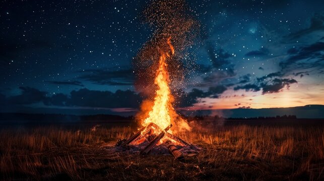 Huge bonfire in the field at night, summer solstice festival, sparks flying upwards, starry sky
