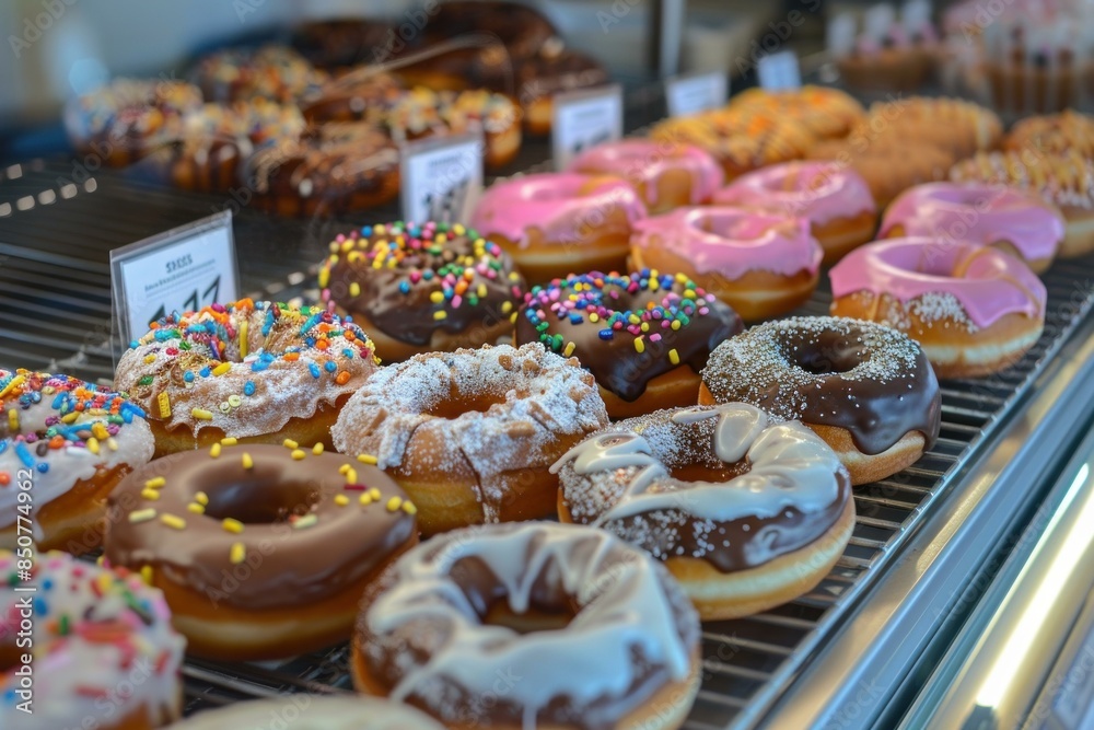 Sticker colorful glazed donuts with various toppings showcased in a bakery display case