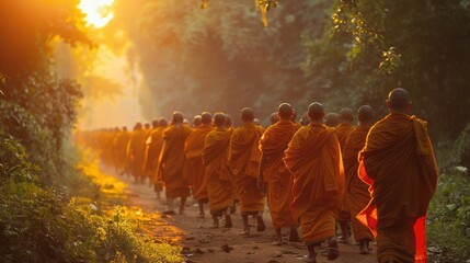A line of monks in orange robes walk through a forest path at sunrise.  The sun shines brightly through the trees, casting a golden glow on the scene.