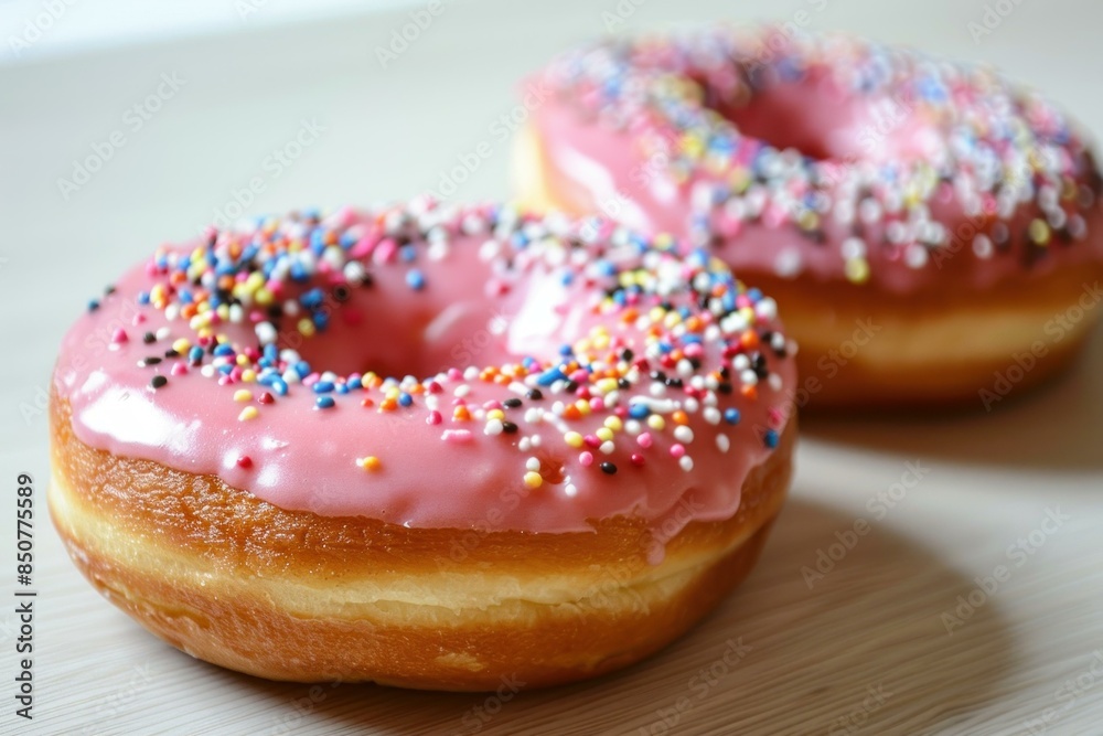 Canvas Prints Closeup of two delicious donuts with pink icing and rainbow sprinkles on a light wooden surface