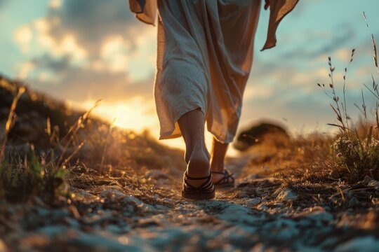 Close-Up of Jesus' Feet Walking on Dirt Path

