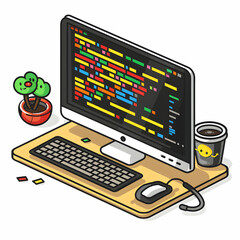 3D Flat Icon of Programming and Code Analytics with Ample Copy Space for Coding Ads   Doodle Line Cartoon Style