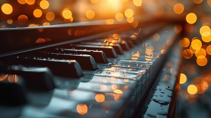 Detailed image of piano keys focused at the foreground with a warm bokeh light effect in the background