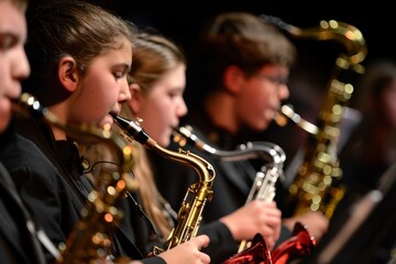 Teenagers playing saxophone together