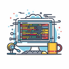 Obraz premium Programming Interface and Code Testing 3D Flat Icon with Copy Space for Website Banners Doodle Line Cartoon Style