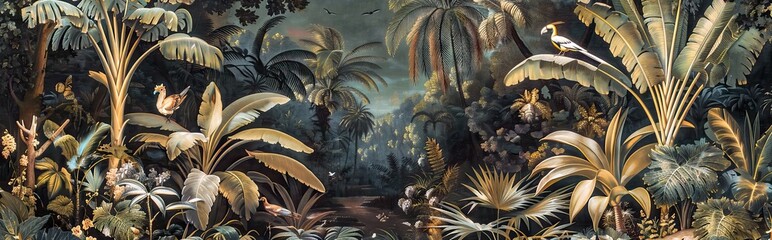 Illustration of tropical wallpaper print design with palm banana leaves and exotic birds on canvas texture. Tropical plants and birds on textured background. AI generated illustration