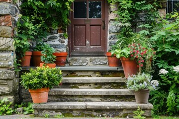 Quaint stone house entrance adorned with lush plants in terracotta pots