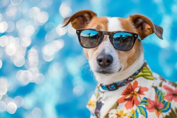 A close-up portrait photo of a cute fashionable Jack Russell terrier dog wearing sunglasses and a Hawaiian shirt, standing against a bright background. Vacation concept.