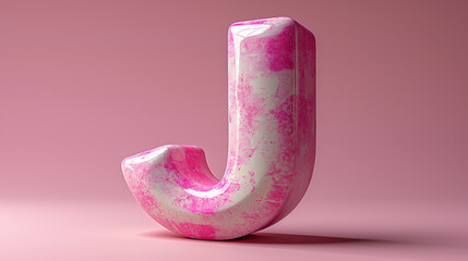 Pink marble J with 3D Speech text, on solid colored backdrop.