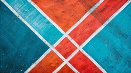 Abstract geometric painting with vibrant red, blue, and orange patterns forming intersecting lines and shapes. Modern art background.