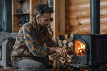 A man puts a log into a burning fireplace in a cozy modern wooden house