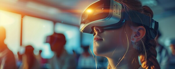 Young girl immersed in virtual reality using a VR headset in a bright, modern classroom setting with peers engaged in the background.