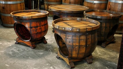 Fototapeta premium Upcycled wine barrel tables proudly displaying their previous life as functional pieces of sustainable furniture.
