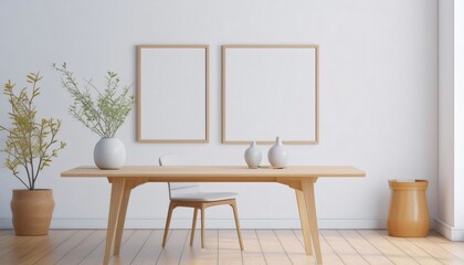 Interior designer showcasing a modern and minimalist dining room with wooden furniture and empty frames