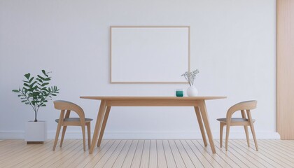 Minimalist and inviting dining room with a wooden table, chairs, and an empty picture frame