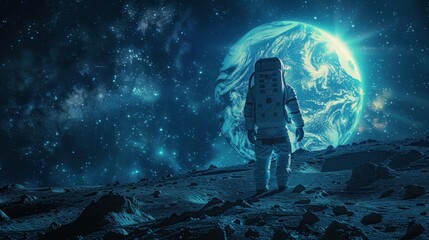 Astronaut Gazing at a Glowing Blue Planet