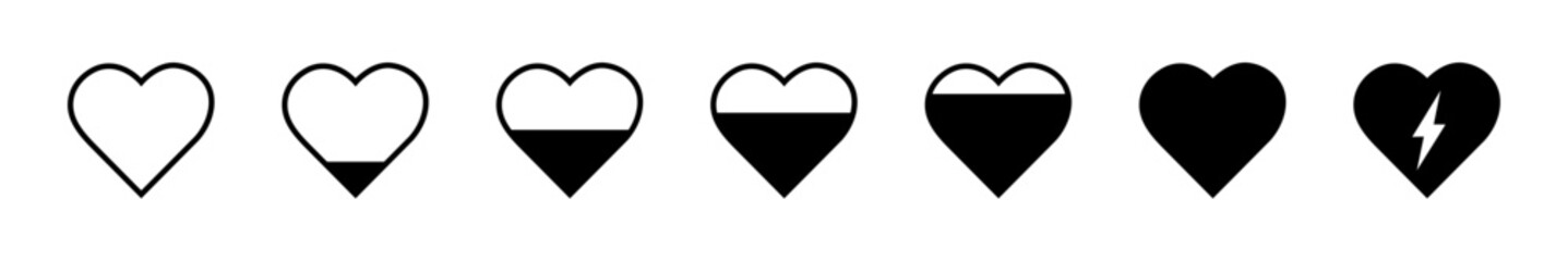 collection of heart icon set in black color. Heart shape loading progress indicator vector illustration