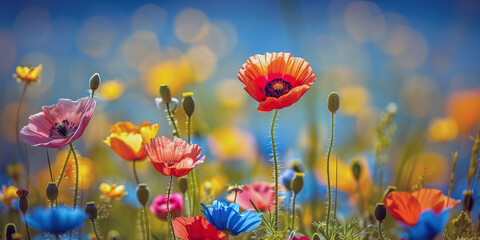 Fototapeta premium Diverse Wildflowers Bathed in Sunlight with a Blue Sky Backdrop