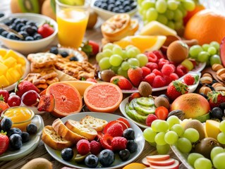 A variety of fruits and vegetables are arranged on a table. There are grapes, oranges, apples, bananas, and more. The fruits are all fresh and colorful.