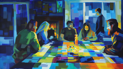 Friends Playing Adventure Tabletop Game in Basement Gen AI