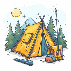 3D Flat Icon: Tent and Hiking Poles Symbol for Travel Gear Concept