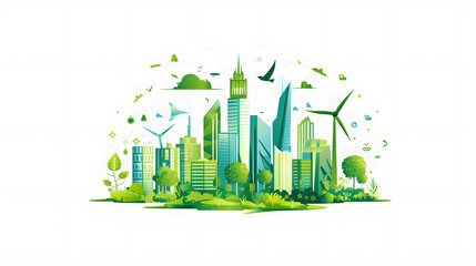 ecology and environment with green city on white background. renewable friendly energy sources. sustainable for billboard or web banner. save protection world concept. vector illustration flat style