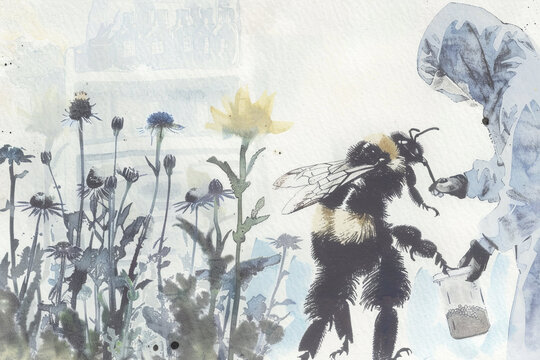 Giant Bee Tending Garden as Human Gathers Pollen Gen AI