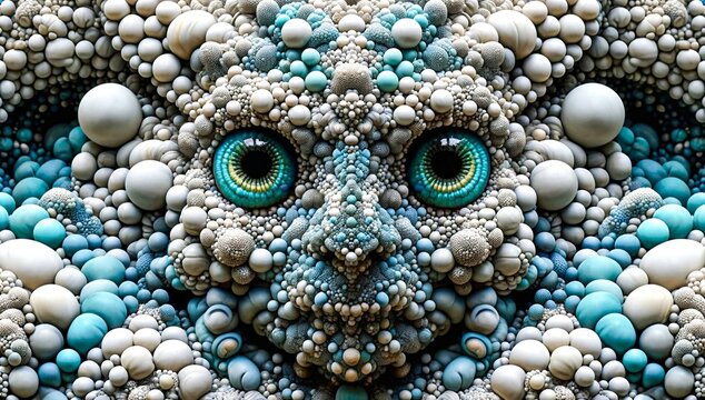 Surreal Face with Beaded Texture and Blue Eyes, evoking Trypophobia