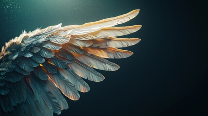 A close-up of a single angel wing with golden feathers