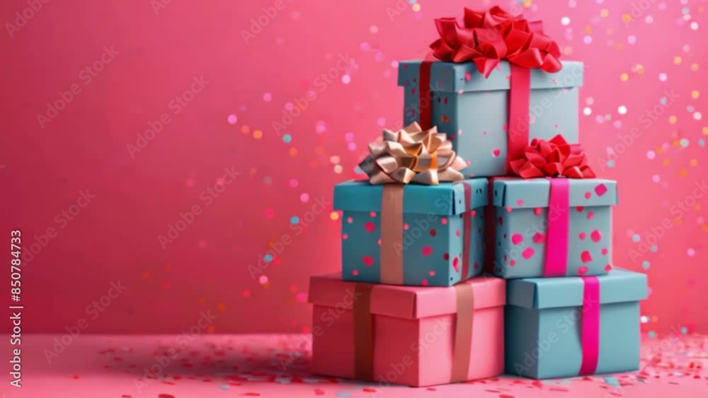 Poster this colorful gift boxes with bows stacked on a pink background with confetti.