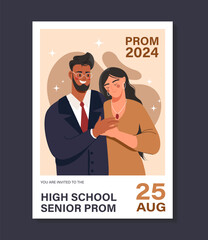 Prom invitation poster. Man in suit hugs girl in dress. Party for students after graduation. Invitational postcard template. Cartoon flat vector illustration isolated on black background © Mental Health
