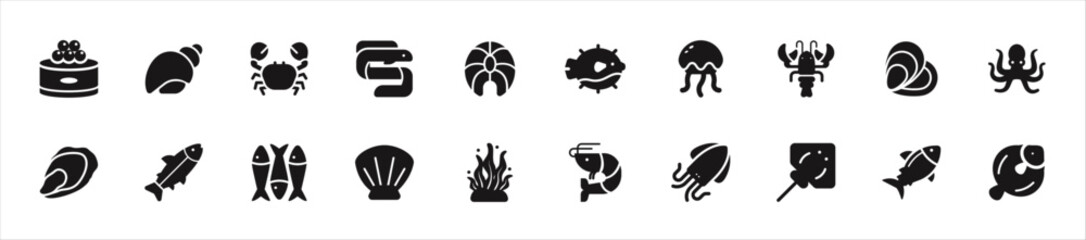 Set of seafood icons. 20 sets of seafood icons. Seafood icons. Simple glyph seafood icons	