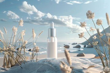 White dropper bottle on a sandy beach with blue sky and clouds.