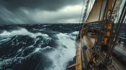 Stormy Seas Battering a Classic Sailing Ship in Dramatic Lighting