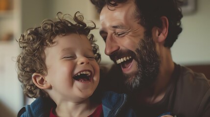 A father and son laughing together, enjoying a moment of pure joy.