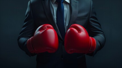 Businessman wearing a suit with red boxing gloves, representing strength and resilience in the corporate world.
