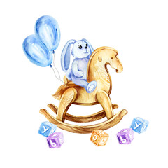 watercolor composition of child theme, cute blue toy bunny sitting on wooden vintage rocking horse, blue and cyan air balloons, blue and lilac cubes with letters isolated on white background