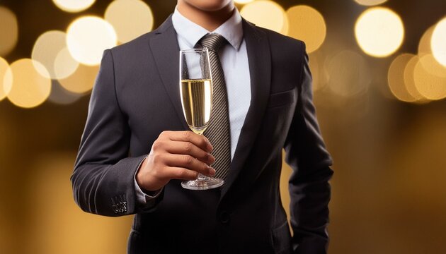 スーツを着た男性がシャンパングラスを持ってパーティーに参加する