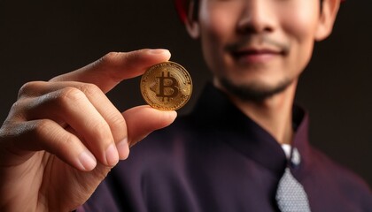一人の男性が指でビットコイン通貨を持っている