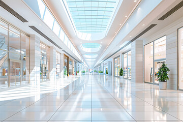 A large, empty shopping mall with a lot of windows and a lot of light